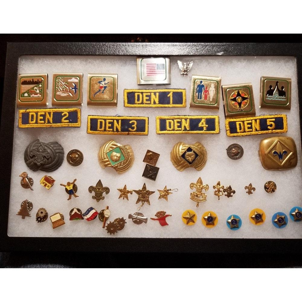 Boy Scout- BSA -  Lot of 48 Items /Medals /Belt Slide/Pins/Riker Box VINTAGE
